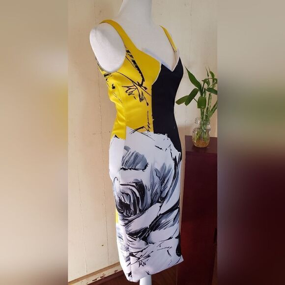 PRABAL GURUNG Yellow Black White Floral Mid-length Fitted Sleeveless Dress - Picture 10 of 10